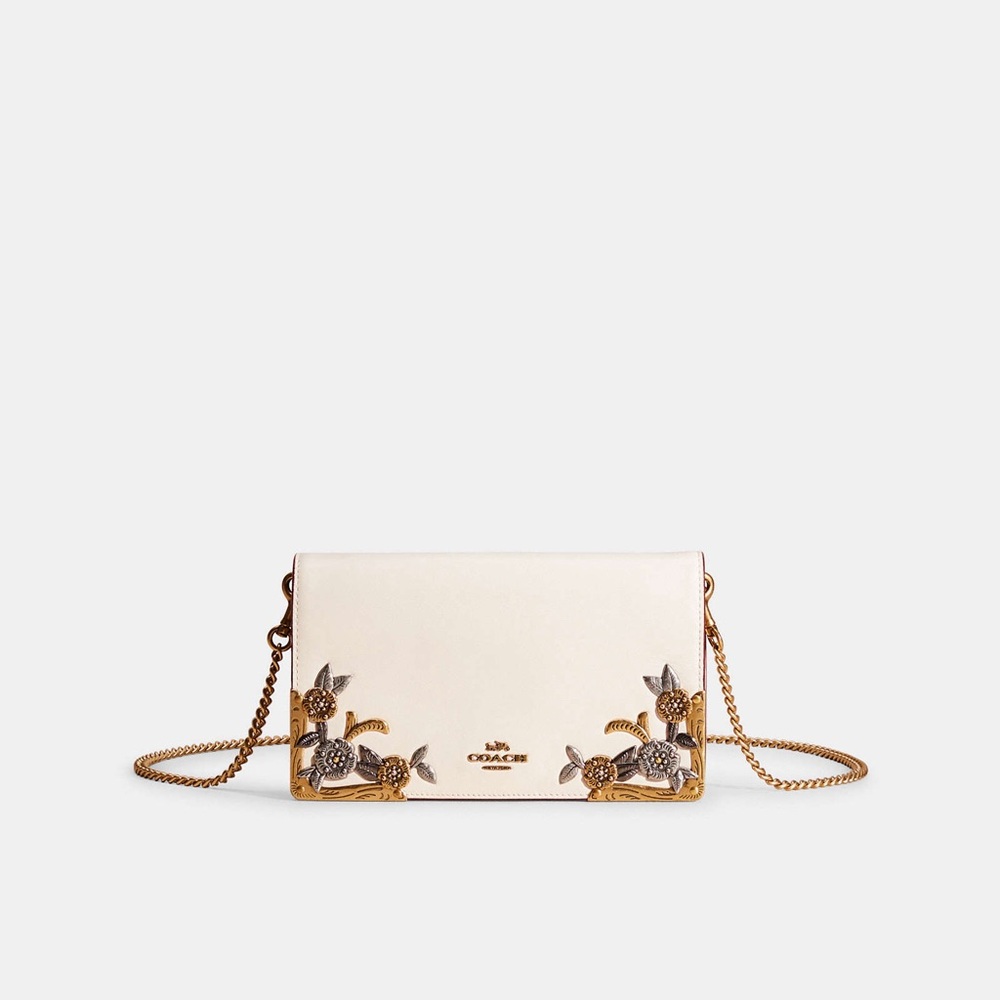 COACH Callie Foldover Chain Clutch With Metal Tea Rose 24909 Chalk Ivory Brass